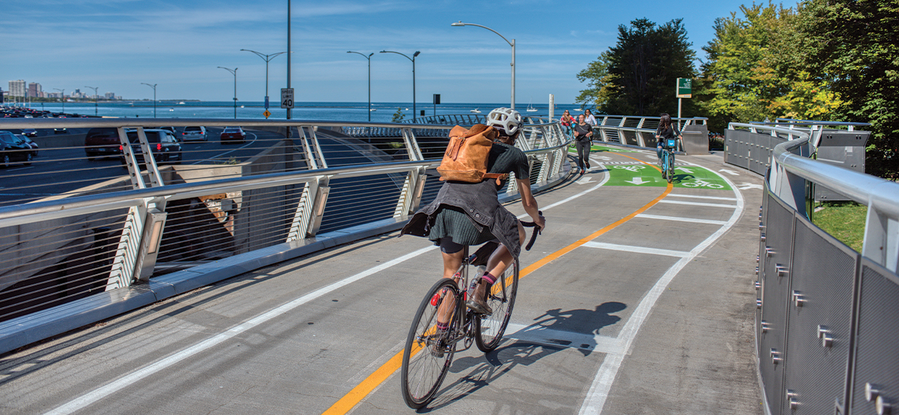 Navy Pier Flyover pedestrian bridge on Lakefront Trail in Chicago