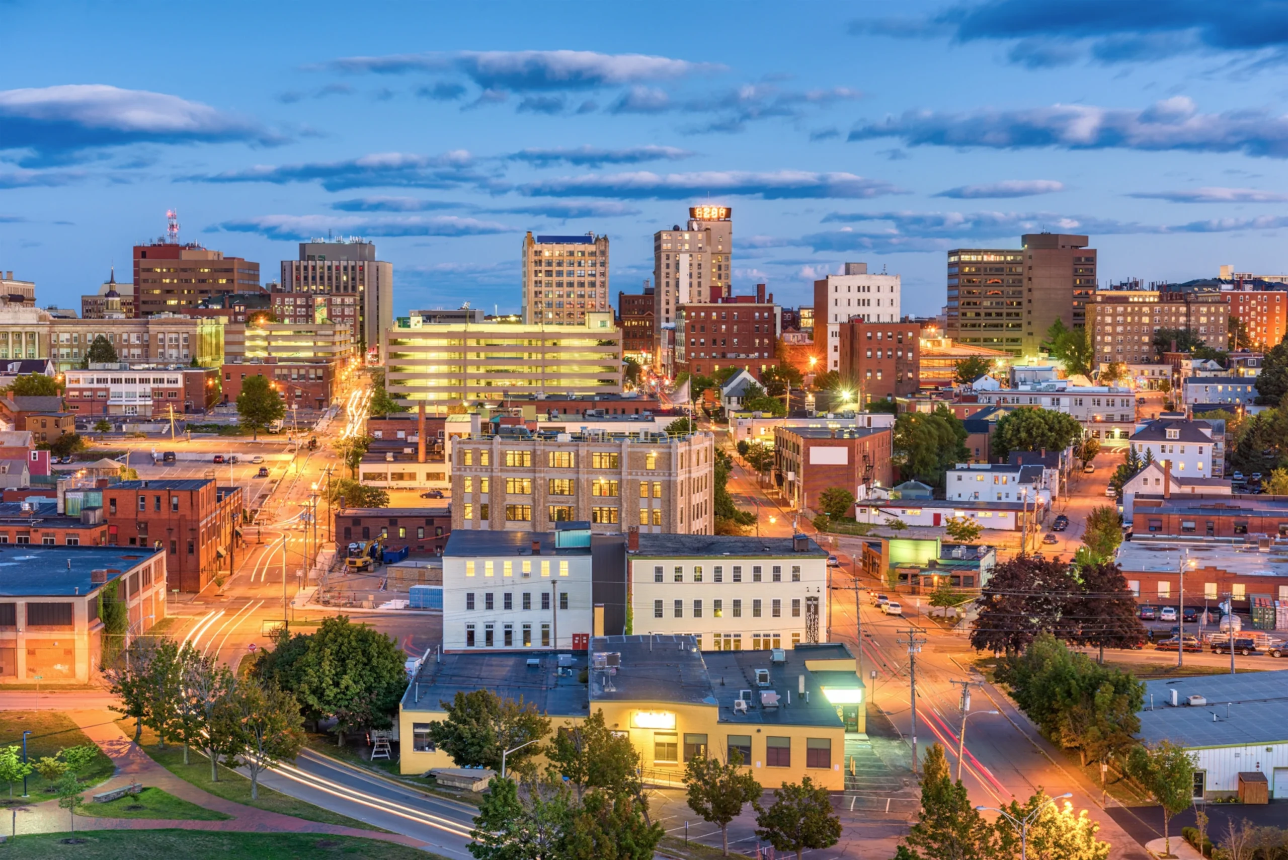 Downtown Portland, Maine cityscape in the evening