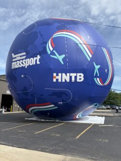 The world’s largest soccer ball during a test inflation.
